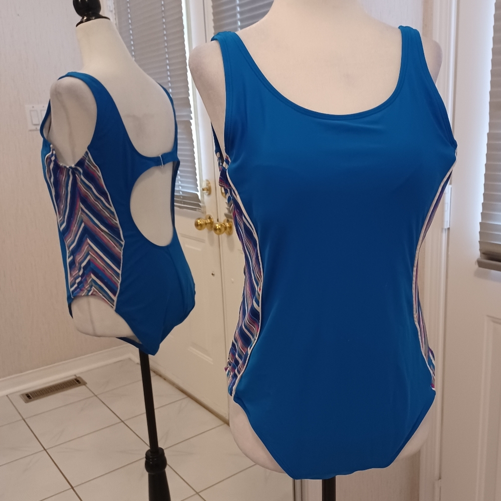 4/$40 Blue Striped Swimsuit (1 Piece) - Size 14